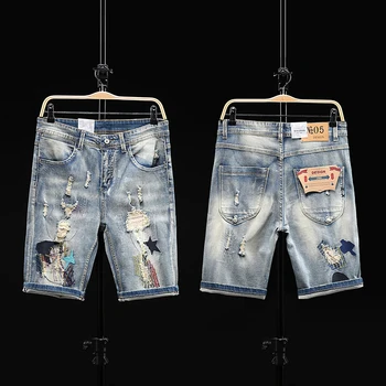 Высококачественная винтажная вышивка Мужские рваные короткие джинсы Открытые бермуды Летние винтажные ковбойские шорты с дырками