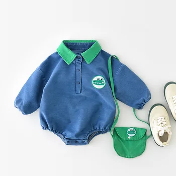 LILIGIRL Весенне-осенний детский боди из денима для мальчиков, цельная Одежда для младенцев с сумкой