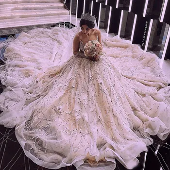 Красивое бальное платье С блестящими аппликациями из бисера Роскошные Свадебные платья Vestido De Noiva 2023 Иллюзионные свадебные платья с длинными рукавами