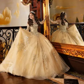 Золотое Бальное Платье С Длинным Рукавом и Кристаллами, Пышные Платья С Открытыми Плечами, Кружевной Корсет С Аппликациями, Sweet 15 Vestidos De XV Años