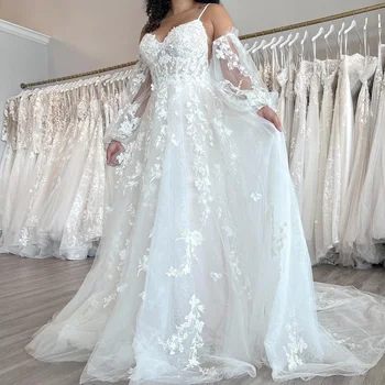 Новое поступление, свадебное платье трапециевидной формы 2023, свадебное платье со съемными рукавами, Кружевной шлейф, спагетти из белой слоновой кости, Плюс Размер, женщина