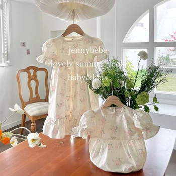 Милый кружевной комбинезон с цветочным рисунком для маленьких девочек, одежда для новорожденных, элегантное платье принцессы, праздничный комплект для дня рождения для братьев и сестер