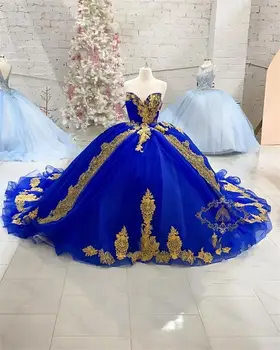 Королевское синее золотое кружевное платье Vestidos De Novia Quinceanera, платья с длинным шлейфом в виде сердца, женское платье для выпускного вечера больших размеров