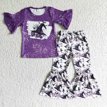 Оптовая продажа RTS Детская одежда для ведьм для малышей Фиолетовые расклешенные комплекты одежды для девочек на Хэллоуин