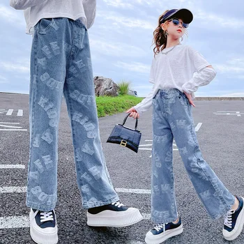 Новый повседневный стиль, Детские джинсы, Джинсы для девочек с буквенным рисунком, детские джинсы для девочек, весенне-осенняя одежда для девочек 6, 8, 10, 12, 14 лет