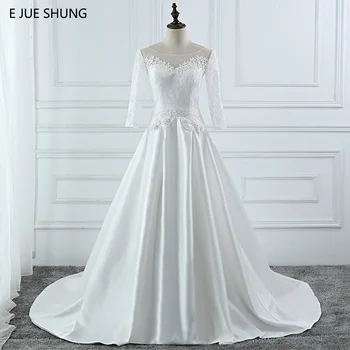 Простые Свадебные платья из белого атласа E JUE SHUNG, кружевные аппликации трапециевидной формы, рукава 3/4, свадебные платья, свадебное платье