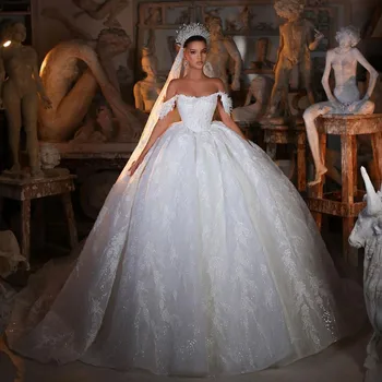 Элегантное бальное платье, свадебные платья без рукавов, Бато, с открытыми плечами, пайетки, аппликации, оборки из бисера, свадебные платья Vestina De Novia