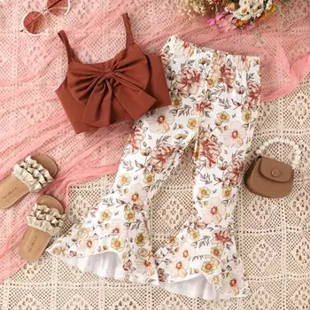 Комплект одежды из двух предметов с цветочным принтом для маленьких девочек, пляжный летний камзол с бантом, расклешенные брюки, модный костюм из 2 предметов