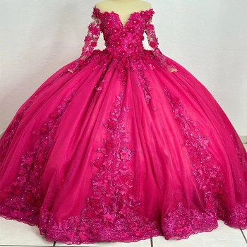 Красное Кружевное Бальное Платье Quinceanera Dresses 2023 С Аппликациями Из Бисера 3DFlower Sweet 16 Dress На шнуровке Vestido De 15 Anos
