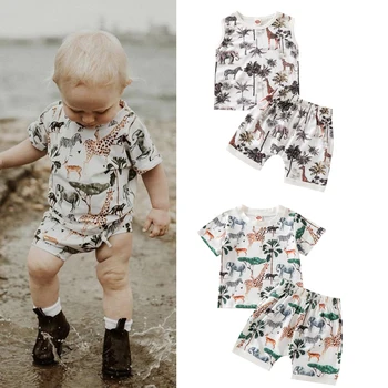 FOCUSNORM / летние комплекты одежды для маленьких мальчиков от 0 до 4 лет, 2 шт., топы с принтом животных, эластичные шорты