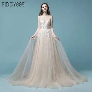 Элегантное свадебное платье цвета шампанского 2020, Длинное свадебное платье в стиле бохо без рукавов, Кружевное свадебное платье Robe de mariee, Vestido de Novia NW4