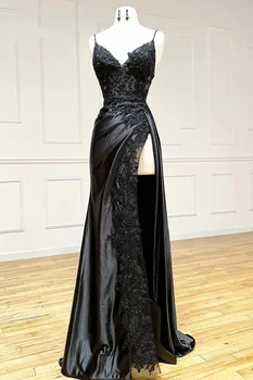 Элегантное длинное платье без бретелек, новинка 2023 года, на тонких бретелях с высоким разрезом, черное платье для выпускного вечера с кружевной аппликацией для девочек, черное платье для девочек