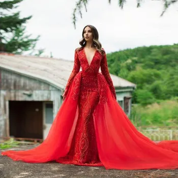 Красные вечерние платья со съемным шлейфом, глубокий v-образный вырез, кружево, длинные рукава, аппликации, бусины, платья для выпускного вечера, Саудовская Аравия, Robe De Soiree 2021