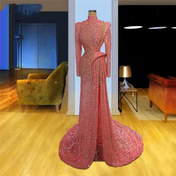 Розовые бусы, элегантное вечернее платье с высоким воротом и длинными рукавами, платья для выпускного вечера в Дубае вечернее платье Халат русалки, женская вечеринка, турецкая ночь