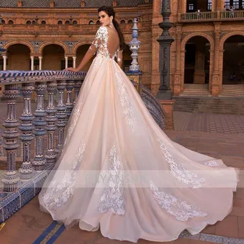 Vestidos De Novia 2020 Сексуальное Иллюзионное свадебное платье с коротким рукавом и открытой спиной, Винтажные кружевные аппликации, Цветы, свадебные платья трапециевидной формы
