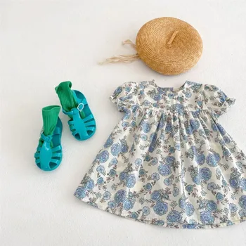 Летнее Корейское платье для новорожденных девочек 2023 года, Хлопковое платье с коротким рукавом и цветочным принтом Пиона, Одежда для маленьких девочек