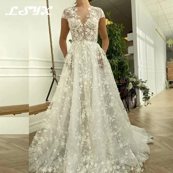 LSYX Элегантное Свадебное платье из тюля с цветочным узором 2023, Короткие рукава, Кружевные аппликации, Трапециевидная спинка, Вечернее платье для выпускного вечера длиной до пола