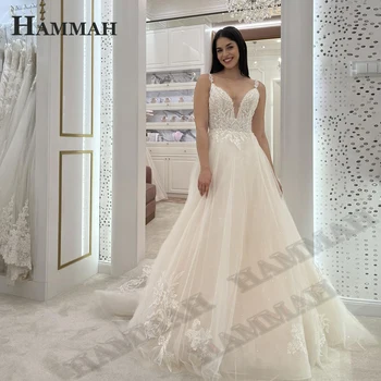 Свадебное платье без рукавов HAMMAH A Line Для женщин 2023 г. Аппликации Невесты Простой Блестящий Тюль на тонких бретельках Vestido De Casamento