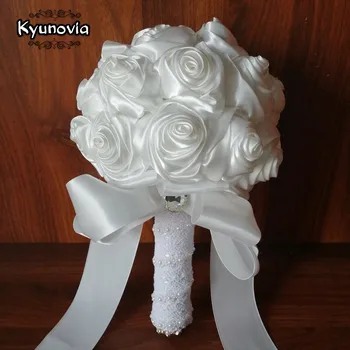 Kyunovia Custom Бордовые Белые шелковые розы Свадебные цветы подружки невесты атласная лента Свадебные букеты Хрустальный свадебный букет FE76