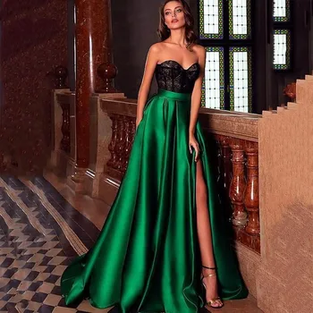 Зеленые вечерние платья с длинным разрезом 2023, Черный кружевной топ длиной до пола, вечерние платья для выпускного вечера vestido festa