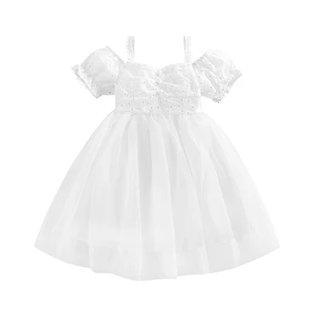 Летнее Платье-слинг для маленьких девочек с открытыми плечами, короткий рукав, вырез из тюля, платье трапециевидной формы в стиле пэчворк, свадебные сценические костюмы