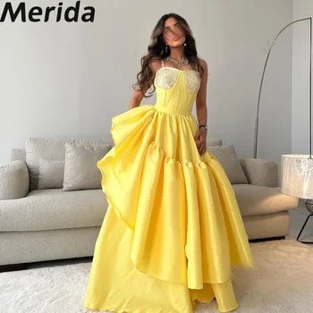 Элегантные желтые платья для выпускного вечера 2023 на тонких бретельках, без рукавов, с оборками, вечерние платья длиной до пола, Вечернее платье Arabia Party, Вечернее платье